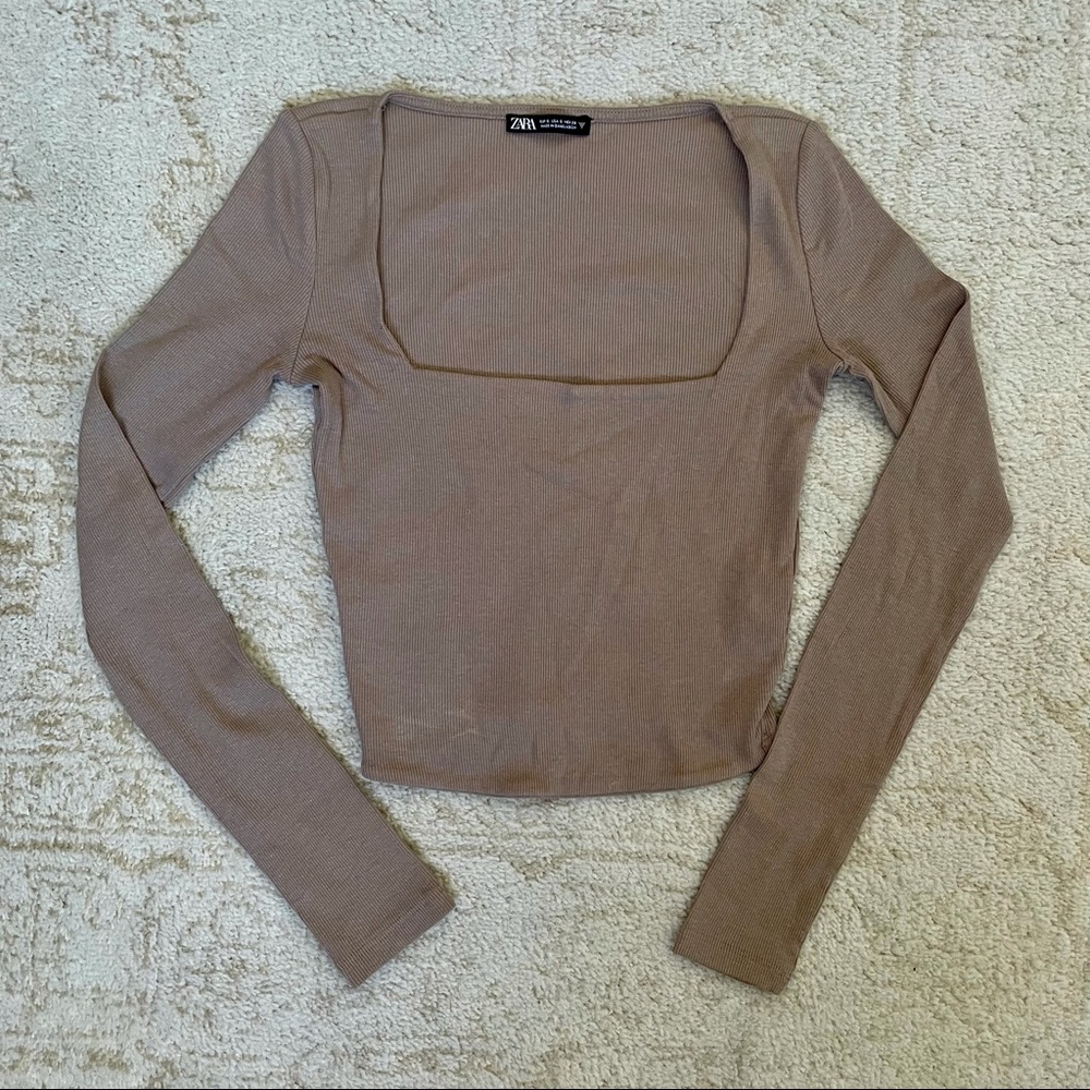 Zara Square Neckline Cropped Tan Knit Top